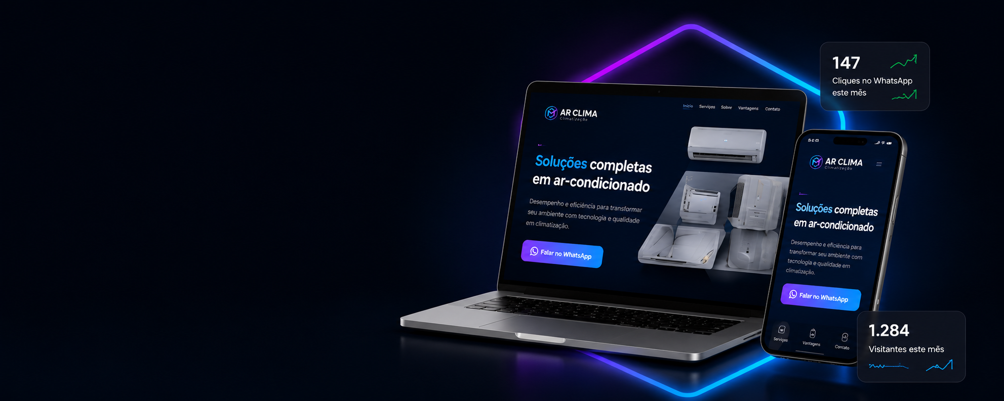 Landing page responsiva exibida em notebook e celular